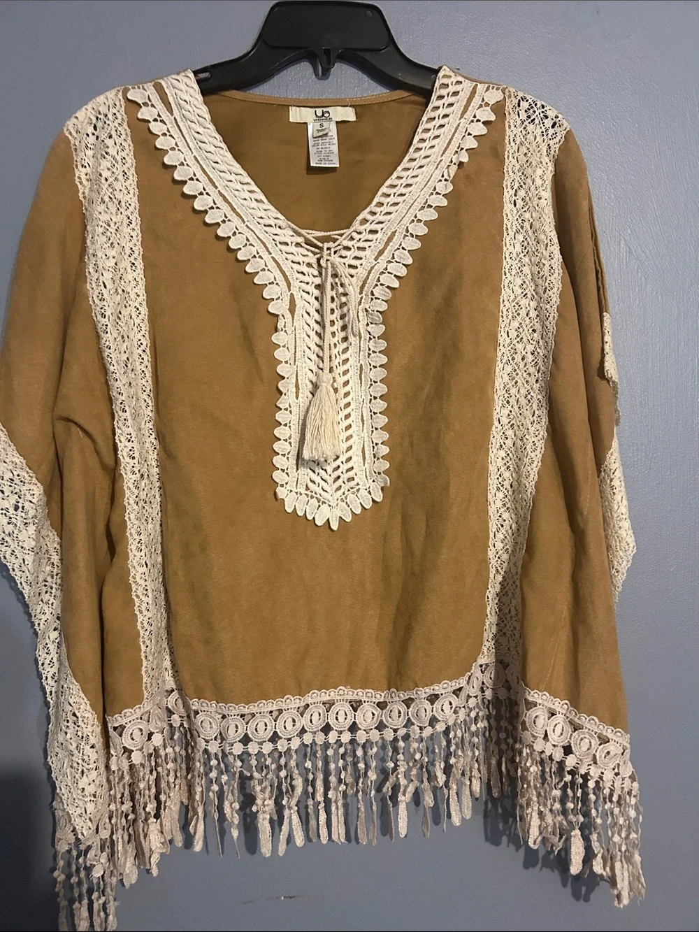 Ya Los Angeles Mustard Fringe Crochet Poncho Sweater with Cream Trim